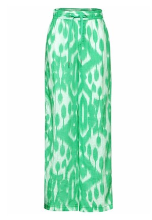Grønne og hvide bukser med vide ben med abstrakt tie-dye mønster og justerbar snor i taljen.