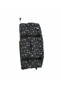 Valise à roues noires avec un motif comportant des éléments blancs. Elle possède des sangles réglables et une poignée rétractable.