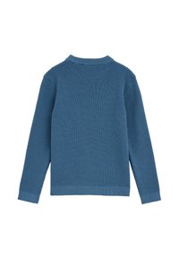 Pull en tricot bleu avec un motif texturé, encolure ronde, poignets et ourlet côtelés. Vue de dos, avec des manches longues et une coupe droite.