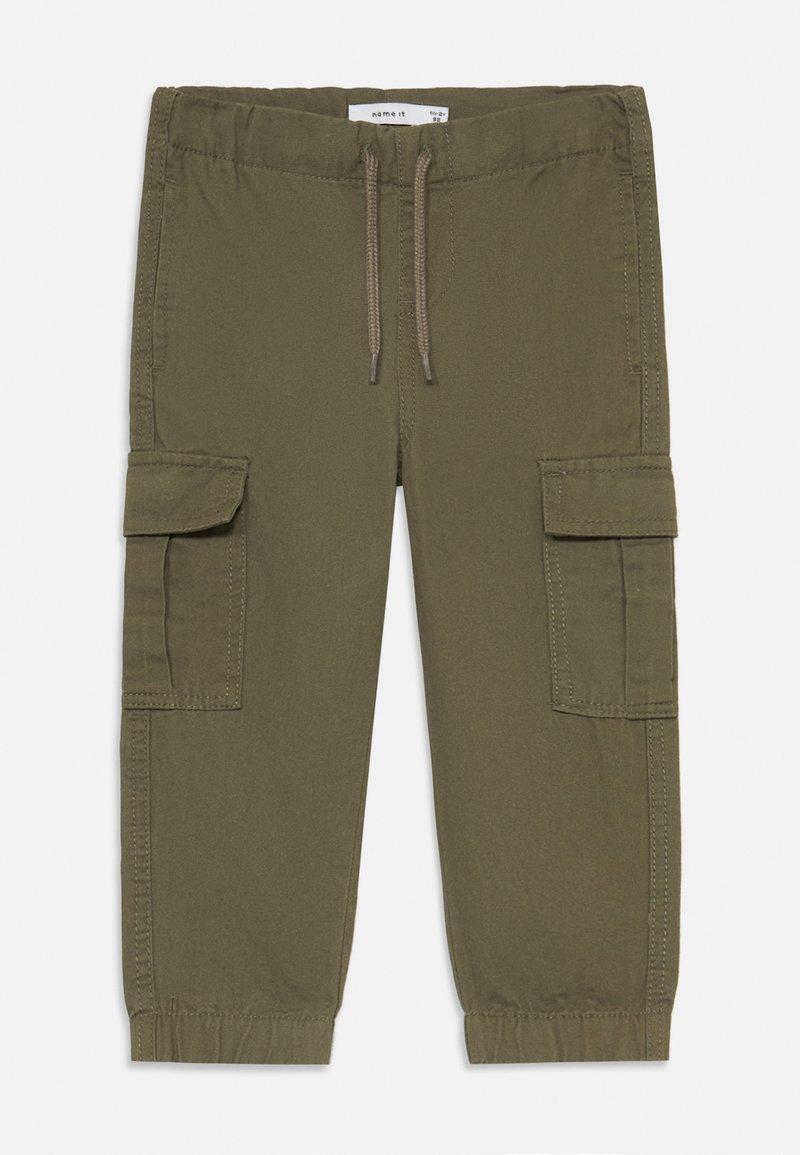 Spodnie cargo w kolorze oliwkowym, wykonane z mieszanki bawełny, z elastycznym pasem ze sznurkiem, bocznymi kieszeniami i ściągaczami u dołu.