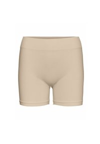Shorts beige elasticizzati con una ampia vita elastica e una vestibilità aderente. Tessuto liscio, che termina sopra le cosce senza cuciture o motivi evidenti.