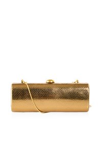 Gold-colored clutch bag with a textured, metallic finish. Features a cylindrical shape, a snap closure, and a detachable chain strap.