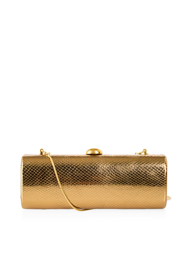 Gold-colored clutch bag with a textured, metallic finish. Features a cylindrical shape, a snap closure, and a detachable chain strap.