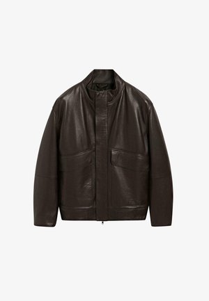 Brown leather jacket with a high collar, zip closure, and two large front pockets; features a smooth texture and relaxed fit design.