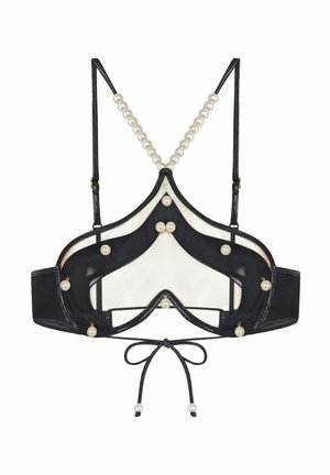 Bralette bianco e nero con mesh trasparente, dettagli in perle e spalline lisce. Legature regolabili sul retro, con una stringa decorativa di perle.