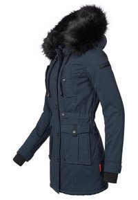 Navy blue parka jacket with a faux fur-lined hood, button front, patch pockets, and ribbed cuffs. Features a fitted waist and durable fabric.