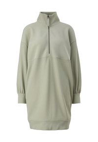 Robe à manches longues côtelée vert clair avec col montant et demi-fermeture éclair, dotée de poignets froncés et d'une coupe décontractée.