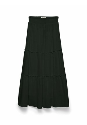 Jupe longue noire à volants avec taille élastique et détails subtils de volants sur les couches, présentée sur fond blanc.