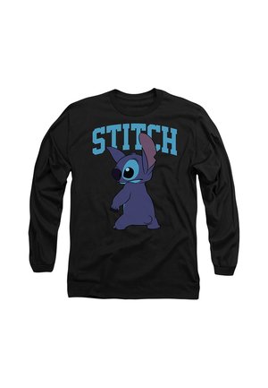 Schwarzes Langarmshirt mit blauem Schriftzug "STITCH" und einer Grafik der blauen animierten Figur Stitch aus dem Disney-Film.