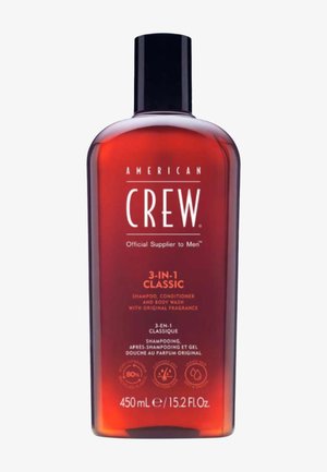 American Crew 3-in-1 Classic shampoo, conditioner en body wash in een bruine fles van 450ml met zwarte dop en oranje tekst.