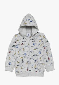 Felpa grigia con zip e tasca frontale, caratterizzata da un motivo giocoso di gatti e forme geometriche nei colori blu, verde, rosso e giallo. Design con cappuccio.