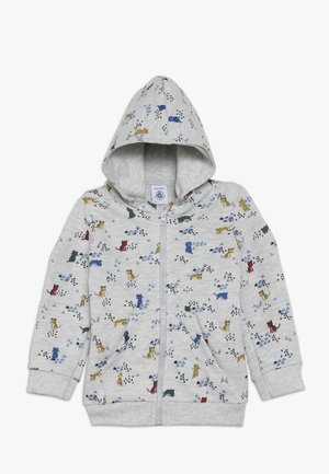 Grijze hoodie met rits en een voorzak, met een speels patroon van katten en geometrische vormen in blauw, groen, rood en geel. Met capuchon.