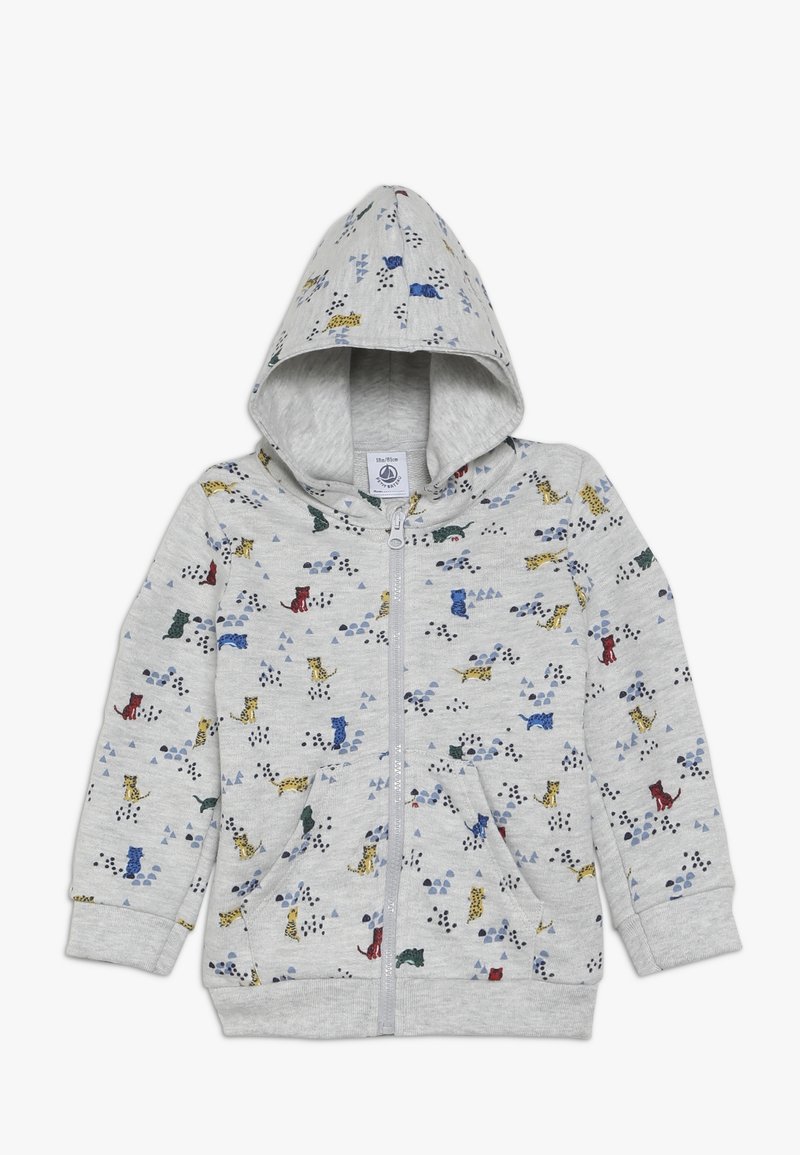 Felpa grigia con zip e tasca frontale, caratterizzata da un motivo giocoso di gatti e forme geometriche nei colori blu, verde, rosso e giallo. Design con cappuccio.