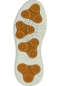 Suola di scarpa in gomma bianca con cuscinetti circolari arancioni per la trazione, fori di ventilazione e una superficie testurizzata con motivi geometrici.