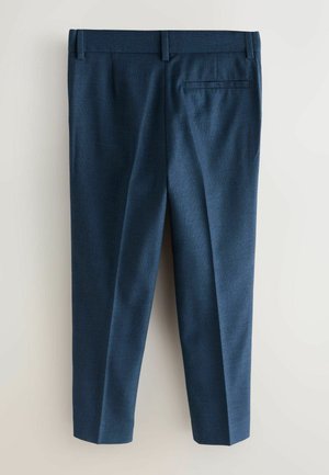 Sinised kohandatud püksid tekstuurse kangaga, sirgete sääreosadega, millel on üks tagatasku ja vööaasad.