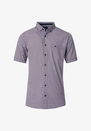 Korte mouw blouse met een kleurrijk geometrisch patroon in rood, blauw en wit, met een knoopsluiting aan de voorkant en een klassieke kraag.