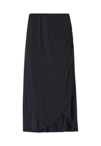 Zwarte, knie-lange rok van zachte stof. Heeft geplooide details aan de zijkant en een gebogen zoom. Elastische tailleband voor comfort.