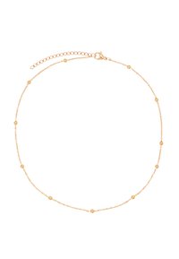 Gouden ketting met een delicaate schakel met kleine ronde kralen die gelijkmatig over de lengte zijn verdeeld. Met een karabijnhaaksluiting en een verstelbare ketting.