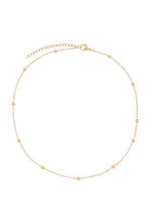 Gouden ketting met een delicaate schakel met kleine ronde kralen die gelijkmatig over de lengte zijn verdeeld. Met een karabijnhaaksluiting en een verstelbare ketting.