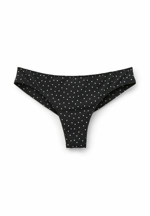 Zwarte bikini-broekjes met een wit stippenpatroon, gemaakt van gladde stof met een ontwerp met gematigde bedekking en een elastische tailleband.