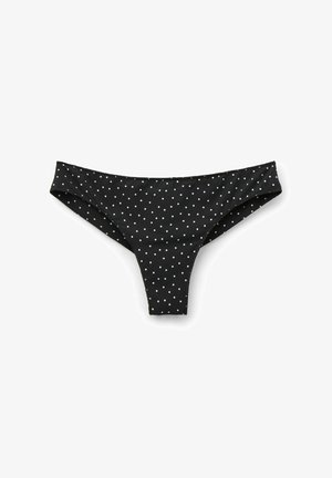 Bajo de bikini negro con un patrón de lunares blancos, confeccionado en una tela suave, con un diseño de cobertura moderada y cintura elástica.