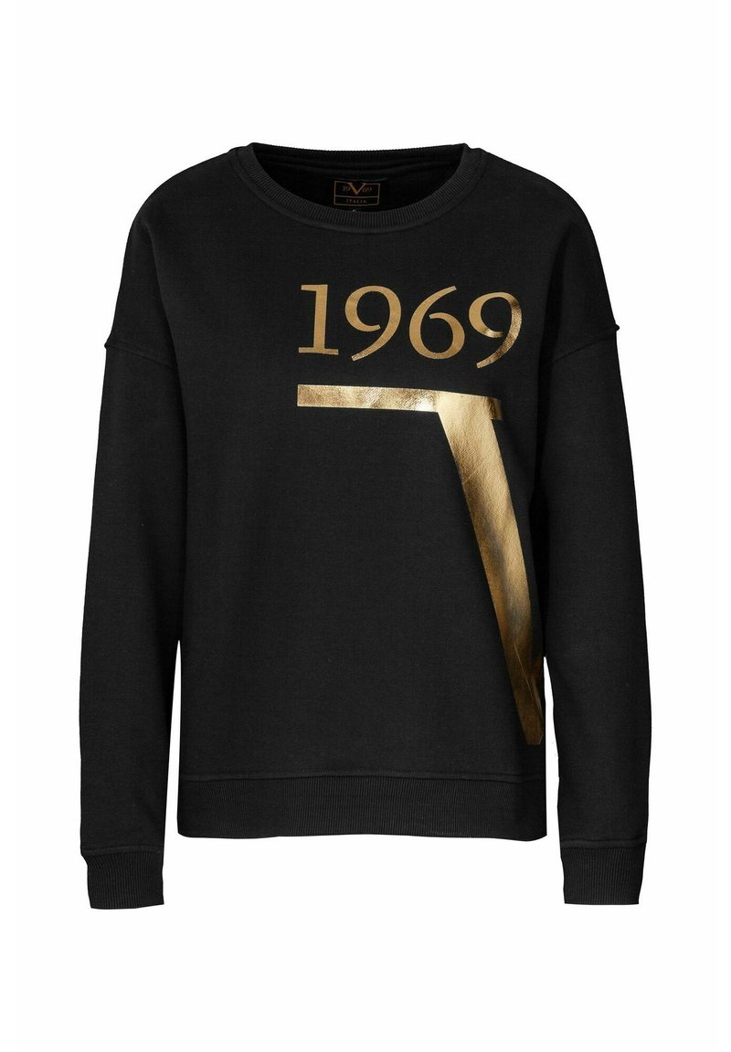 Sudadera negra con el número "1969" impreso en dorado y un diseño gráfico. Presenta un clásico cuello redondo, mangas largas y puños y dobladillo acanalados.