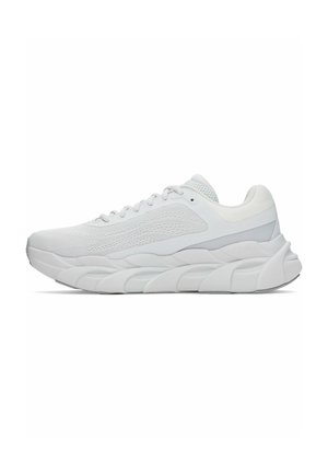 White athletic sneaker with textured mesh upper, cushioned sole, and layered design. Features laces and a rounded toe. Smooth accents on heel.