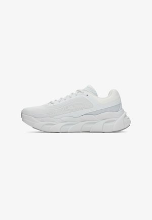 White athletic sneaker with textured mesh upper, cushioned sole, and layered design. Features laces and a rounded toe. Smooth accents on heel.