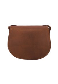 Brązowa skórzana torebka na ramię z zaokrąglonym klapą, kontrastowym przeszyciem i gładką fakturą. Brak widocznych okuć i dodatkowych zdobień.
