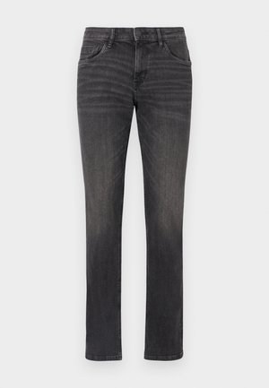 Graue Jeans aus Denim mit geradem Bein, fünf Taschen-Stil und subtilen Whiskern auf der Vorderseite. Mit Knopfverschluss und Gürtelschlaufen.
