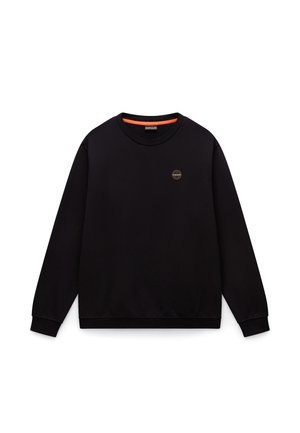 Sort sweatshirt lavet af blødt stof med rund hals, lange ærmer og et broderet logo på brystet. Har en orange indvendig krave.