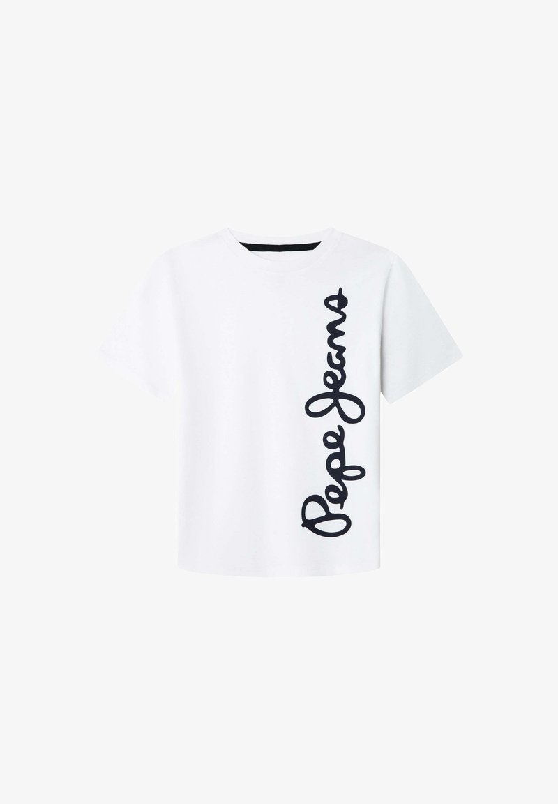 Wit katoenen T-shirt met een zwart cursief "Pepe Jeans" logo dat verticaal aan de linkerkant is gedrukt. Voorzien van een ronde hals en korte mouwen.