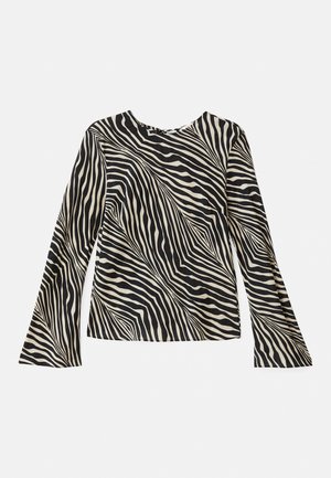 Langärmliges Oberteil mit einem cremefarbenen und schwarzen Zebramuster, Rundhalsausschnitt, glattem Stoff und ausgestellt geschnittenen Ärmeln.