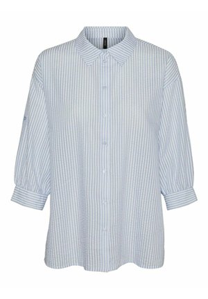 Camicia a righe blu e bianche con colletto, maniche a tre quarti e vestibilità rilassata. Tessuto fresco con dettagli delle maniche con risvolto.