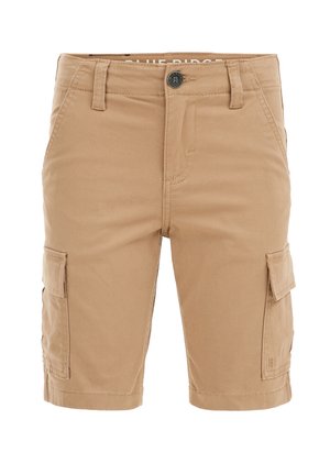 Beige cargoshorts til mænd med forreste knap, bæltestropper, sidelommer med klap og synlige syningsdetaljer.