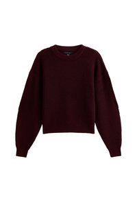 Bordeaux gebreid trui met een ronde halslijn, oversized lange mouwen en ribbelstructuur. Heeft een cropped lengte en geen zichtbare sluitingen.