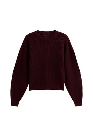 Bordeaux gebreid trui met een ronde halslijn, oversized lange mouwen en ribbelstructuur. Heeft een cropped lengte en geen zichtbare sluitingen.