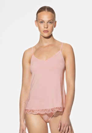 Roze camisole van gladde stof met verstelbare bandjes en een kanten rand aan de onderkant. Het ontwerp heeft een V-hals en een getailleerde vorm.