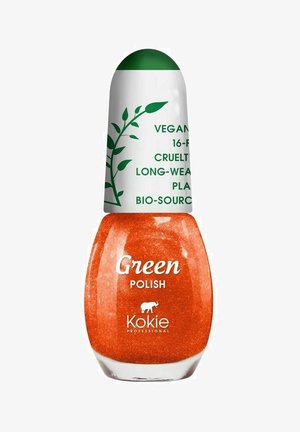 Oranssi kynsilakka pyöreässä lasipullossa, jossa on valkoinen korkki vihreillä yksityiskohdilla ja kasvikuvastoilla, etiketti "Vihreä kynsilakka."