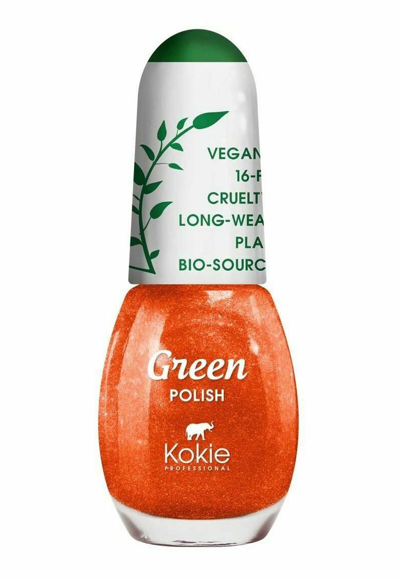 Oranssi kynsilakka pyöreässä lasipullossa, jossa on valkoinen korkki vihreillä yksityiskohdilla ja kasvikuvastoilla, etiketti "Vihreä kynsilakka."