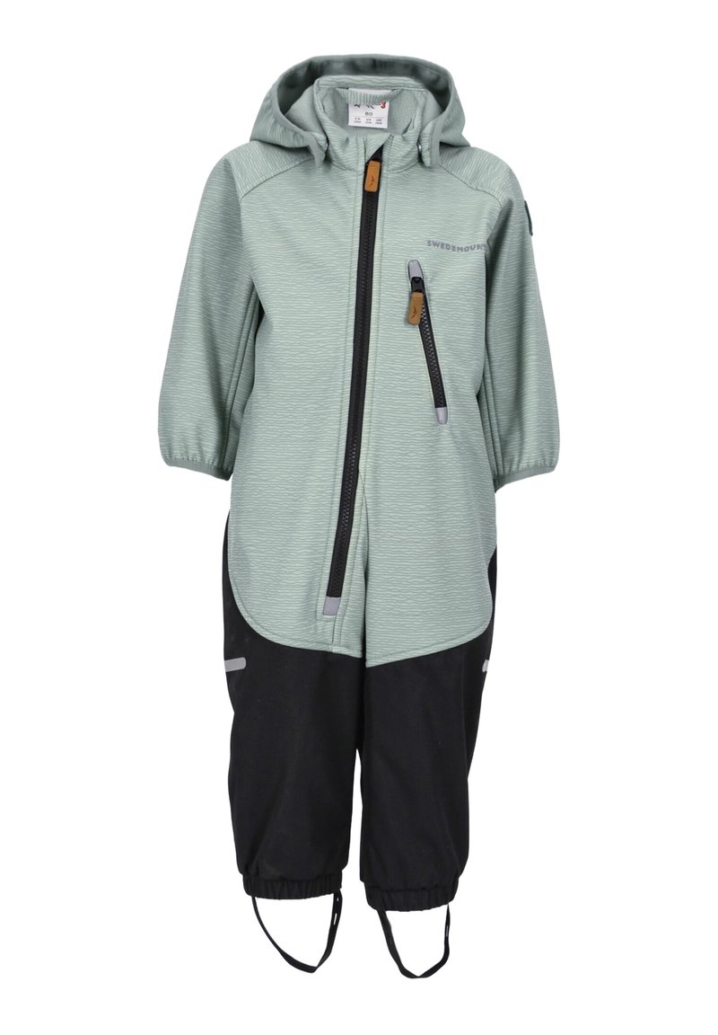 Barnens utomhusjacka och byxset i ljusgrön och svart. Har en strukturerad yta, huva, fickor med dragkedja och justerbara remmar.