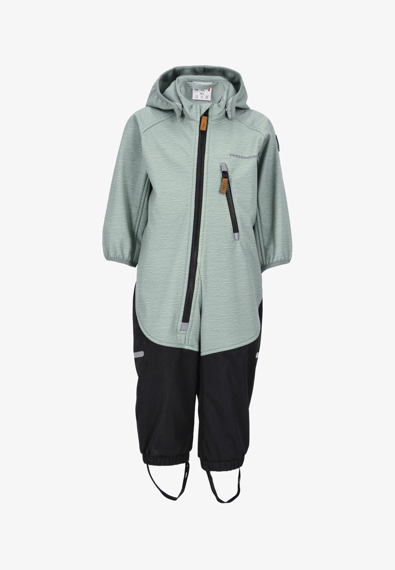 Barnens utomhusjacka och byxset i ljusgrön och svart. Har en strukturerad yta, huva, fickor med dragkedja och justerbara remmar.