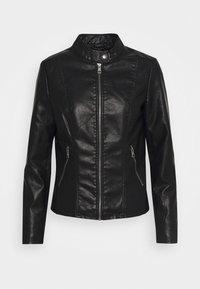 Black faux leather jacket with a stand collar, front zip closure, two side zip pockets, and fitted silhouette. Smooth texture and clean lines.