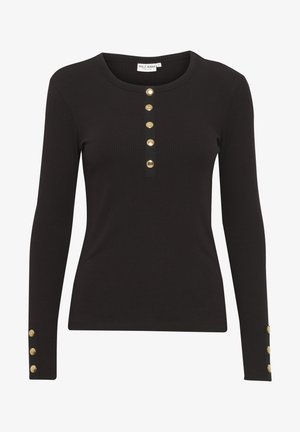 Melns ribots garām piedurknēm tops ar noapaļotu kakla izgriezumu un piecām zelta toņu pogām priekšpusē. Pogas detaļas pie piedurkņu galiem, pieguļošs dizains.