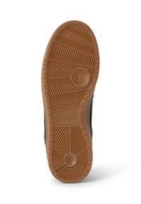 Schuhsohle aus Gummi mit hexagonalem Profil, strukturiertem braunen Oberfläche und geprägtem Logo in der Mitte.