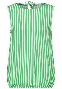 Grön- och vitrandig ärmlös topp med rund halsringning och knytdetalj i ryggen. Har en rynkad nederkant för en avslappnad passform.