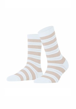 Calzini bianchi in cotone con righe orizzontali beige e bianche alternate, caratterizzati da linee testurizzate e una finitura liscia.