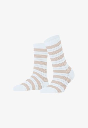 Calzini bianchi in cotone con righe orizzontali beige e bianche alternate, caratterizzati da linee testurizzate e una finitura liscia.