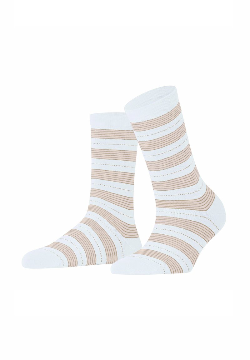 Weiße Baumwollsocken mit abwechselnd beigen und weißen horizontalen Streifen, ergänzt durch strukturierte Linien und einer glatten Oberfläche.