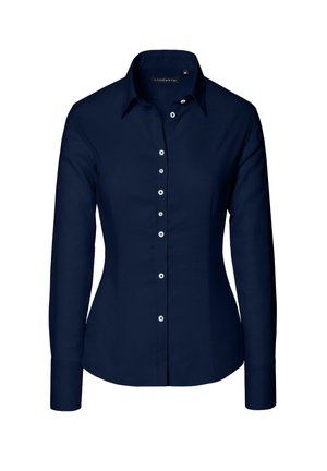 Granatowa koszula z długim rękawem z guzikami, wykonana z gładkiego materiału, z kołnierzykiem w kształcie szpiczastym i białymi guzikami z przodu do zapięcia.